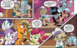 Size: 833x521 | Tagged: safe, artist:brenda hickey, idw, official comic, apple bloom, applejack, mayor mare, rarity, scootaloo, sweetie belle, tadwell, earth pony, pegasus, pony, unicorn, g4, spoiler:comic, spoiler:comicspiritoftheforest02, bucktooth, comic, falling over, female, filly, foal, glasses, male, mare, mouth hold, pamphlet, paper, running away, scared, speech bubble, sweat, sweatdrop, swirly eyes, swirly glasses