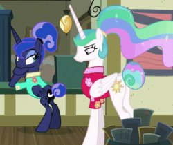 Size: 911x765 | Tagged: safe, screencap, princess celestia, princess luna, alicorn, pony, between dark and dawn, g4, alternate hairstyle, animated, bare hooves, clothes, cropped, female, gif, hawaiian shirt, looking at each other, mare, ponytail, post office, shirt, that pony sure does love the post office, that princess sure does hate the post office