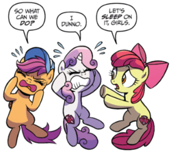 Size: 408x363 | Tagged: safe, artist:brenda hickey, idw, official comic, apple bloom, scootaloo, sweetie belle, earth pony, pegasus, pony, unicorn, g4, spoiler:comic, spoiler:comicspiritoftheforest02, adorable distress, baseball cap, cap, cute, cutie mark, cutie mark crusaders, dialogue, female, filly, foal, hat, simple background, speech bubble, the cmc's cutie marks, thinking, trio, white background