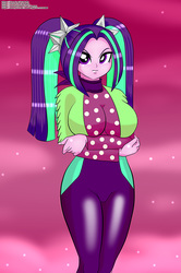 Size: 663x1000 | Tagged: safe, artist:chuyryu, aria blaze, equestria girls, equestria girls series, find the magic, g4, sunset's backstage pass!, spoiler:eqg series (season 2), big breasts, breasts, busty aria blaze, crossed arms, female, hips, looking at you, pigtails, polka dots, sexy, tsundaria, tsundere, twintails