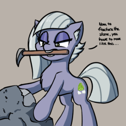 Size: 2000x2000 | Tagged: safe, artist:topicranger, limestone pie, earth pony, pony, equestria daily, g4, atg 2019, chest fluff, colored, ear fluff, eyelashes, female, flat colors, high res, mare, mouth hold, newbie artist training grounds, pickaxe, rock, simple background, simple shading, solo, text