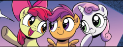 Size: 563x215 | Tagged: safe, artist:brendahickey, idw, official comic, apple bloom, scootaloo, sweetie belle, earth pony, pegasus, pony, unicorn, g4, spoiler:comic, spoiler:comicspiritoftheforest02, cute, cutie mark crusaders, female, filly, foal, trio