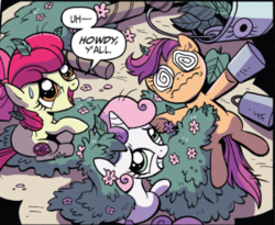 Size: 404x332 | Tagged: safe, artist:brendahickey, official comic, apple bloom, scootaloo, sweetie belle, earth pony, pegasus, pony, unicorn, g4, idw, spoiler:comic, spoiler:comicspiritoftheforest02, bucket, cropped, cutie mark, cutie mark crusaders, dizzy, female, filly, foal, grin, howdy, looking up, messy mane, nervous, nervous smile, on back, sheepish grin, smiling, speech, speech bubble, swirly eyes, the cmc's cutie marks, trio, wavy mouth