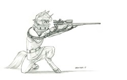 Size: 1400x885 | Tagged: safe, artist:baron engel, oc, oc only, pony, unicorn, fallout equestria, aiming, fallout, fallout 4, gun, hoof hold, kneeling, monochrome, patreon, patreon reward, pencil drawing, rifle, scope, sling, sniper rifle, solo, synth, the institute, traditional art, weapon