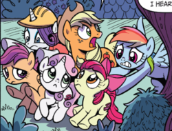 Size: 369x281 | Tagged: safe, artist:brendahickey, idw, official comic, apple bloom, applejack, rainbow dash, rarity, scootaloo, sweetie belle, earth pony, pegasus, pony, unicorn, g4, spoiler:comic, spoiler:comicspiritoftheforest02, cutie mark crusaders, female, filly, foal, hard hat, mare, pushing, rump push, sweetie frown