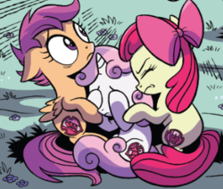 Size: 338x287 | Tagged: safe, artist:brendahickey, idw, official comic, apple bloom, scootaloo, sweetie belle, earth pony, pegasus, pony, unicorn, g4, spoiler:comic, spoiler:comicspiritoftheforest02, covering eyes, cowering, cutie mark crusaders, female, filly, floppy ears, foal, scarred for life, trio