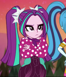 Size: 944x1098 | Tagged: safe, artist:xxtheemispriterxx, edit, edited screencap, screencap, aria blaze, sonata dusk, equestria girls, equestria girls specials, g4, my little pony equestria girls: better together, my little pony equestria girls: sunset's backstage pass, abs, aria brute, aria buff, biceps, buff, buff edit, clothes, cropped, crossed arms, muscle edit, muscles, music festival outfit, resting bitch face, solo focus, thighs
