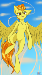 Size: 2160x3840 | Tagged: safe, artist:coldtrail, spitfire, pegasus, pony, semi-anthro, g4, arm hooves, female, flying, high res, looking at you, mare, newbie artist training grounds, solo, spread wings, wings, wonderbolts