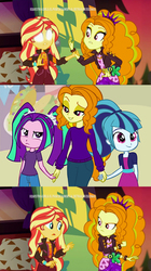 Size: 614x1096 | Tagged: safe, artist:dilemmas4u, edit, editor:secrettitan, screencap, adagio dazzle, aria blaze, sonata dusk, sunset shimmer, equestria girls, equestria girls series, g4, sunset's backstage pass!, spoiler:eqg series (season 2), adoragio, alternate universe, ariabetes, beautiful, blank eyes, cute, female, glowing eyes, good end, holding hands, loose hair, mamadagio, meme, mom, mother, mother and daughter, older, show accurate, sonatabetes, sunset sees things, taco tuesday, the dazzlings, white eyes, wholesome, wide eyes, younger
