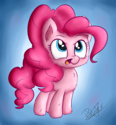 Size: 2700x2900 | Tagged: safe, artist:pucksterv, pinkie pie, earth pony, pony, g4, blue background, cheek fluff, chest fluff, cute, diapinkes, ear fluff, female, high res, leg fluff, open mouth, solo