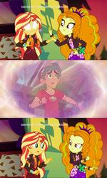 Size: 614x1024 | Tagged: safe, edit, edited screencap, editor:secrettitan, screencap, adagio dazzle, sunset shimmer, timber spruce, equestria girls, equestria girls series, g4, my little pony equestria girls: legend of everfree, sunset's backstage pass!, spoiler:eqg series (season 2), blank eyes, camp everfree logo, camp everfree outfits, clothes, discovery kids, female, glowing eyes, male, meme, shipping, spanish, straight, sunset sees things, timberdazzle, white eyes, wide eyes