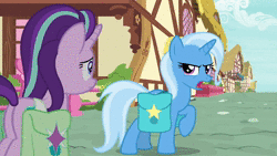 Size: 1280x720 | Tagged: safe, edit, edited screencap, screencap, sound edit, starlight glimmer, trixie, pony, unicorn, g4, student counsel, 80s, angry, animated, boop, cute, duo, female, flirting, glare, lesbian, madonna, music, nervous, noseboop, open your heart, ponyville, saddle bag, ship:startrix, shipping, singing, song, song reference, sound, unamused, webm