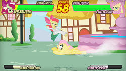 Size: 640x360 | Tagged: safe, apple bloom, fluttershy, pony, fighting is magic, g4, fighting game, fountain, karate, marvel vs capcom 3, sliding