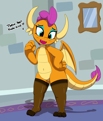 Size: 2881x3358 | Tagged: safe, artist:pabbley, smolder, dragon, g4, adorasexy, belly button, clothes, cute, dialogue, dragoness, eyeshadow, female, heart, high res, makeup, sexy, smolderbetes, solo, stockings, thigh highs