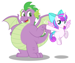 Size: 1024x862 | Tagged: safe, artist:aleximusprime, princess flurry heart, spike, alicorn, dragon, pony, flurry heart's story, g4, adult, adult spike, bow, chubby, cute, fat, fat spike, female, filly, filly flurry heart, fist bump, flurrybetes, hoofbump, older, older spike, plump, simple background, transparent background, uncle and niece, uncle spike, vector, winged spike, wings