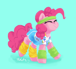 Size: 2088x1900 | Tagged: safe, artist:pucksterv, pinkie pie, pony, g4, blue background, cute, diapinkes, eyes closed, female, mare, newbie artist training grounds, simple background, smiling, solo, workout outfit