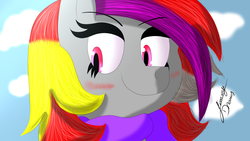 Size: 2560x1440 | Tagged: safe, artist:jimmy draws, oc, oc only, oc:annie flamme, pony, bust, clothes, cute, portrait, scarf, smiling