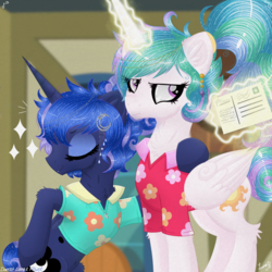 Size: 3000x3000 | Tagged: safe, artist:darkest-lunar-flower, princess celestia, princess luna, alicorn, bat pony, pony, between dark and dawn, g4, alternate hairstyle, belly button, celestia is not amused, clothes, cute, cute little fangs, duo, ear piercing, earring, eyeroll, eyes closed, eyeshadow, fangs, female, glowing horn, hair bun, hawaiian shirt, high res, hoof on hip, horn, jewelry, levitation, magic, makeup, mare, multicolored mane, necklace, on the moon for too long, piercing, ponytail, post office, postcard, royal sisters, scene interpretation, siblings, sisters, tail bun, telekinesis, that pony sure does love the post office, that princess sure does hate the post office, unamused, unimpressed, vacation, varying degrees of want
