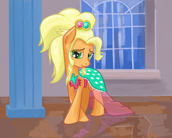 Size: 1280x1024 | Tagged: safe, artist:chaosmalefic, applejack, earth pony, pony, g4, alternate hairstyle, applejewel, clothes, dress, looking at you, window