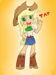 Size: 900x1200 | Tagged: safe, artist:chaosmalefic, applejack, equestria girls, g4, beautiful, belt, boots, clothes, cowboy boots, cowboy hat, cowgirl, cute, denim skirt, female, freckles, gradient background, green eyes, hat, jackabetes, looking at you, miniskirt, panty and stocking with garterbelt, shoes, skirt, smiling, stetson, style emulation, yellow hair