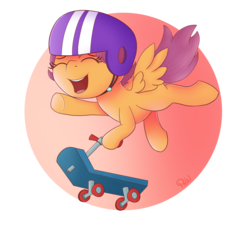 Size: 1200x1080 | Tagged: safe, artist:ponyxwright, scootaloo, pegasus, pony, g4, abstract background, cute, cutealoo, female, filly, helmet, newbie artist training grounds, scooter, solo