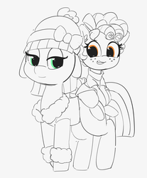 Size: 2215x2681 | Tagged: safe, artist:pabbley, cozy glow, maud pie, earth pony, pegasus, pony, g4, clothes, cozybetes, cute, duo, ear fluff, female, filly, foal, freckles, hat, high res, mare, maudabetes, partial color, simple background, white background, wrong eye color