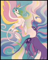 Size: 714x895 | Tagged: safe, artist:probablyfakeblonde, princess celestia, princess luna, alicorn, pony, blue background, chest fluff, cloven hooves, colored hooves, colored wings, duo, ear fluff, ethereal mane, eye contact, eyeshadow, female, flying, hoof fluff, leg fluff, leonine tail, lidded eyes, looking at each other, makeup, mare, multicolored wings, royal sisters, siblings, simple background, sisters, smiling, spread wings, tail fluff, underhoof, unshorn fetlocks, wings
