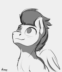 Size: 1292x1489 | Tagged: safe, artist:kam, rumble, pegasus, pony, g4, colt, gray background, grayscale, male, monochrome, simple background, solo