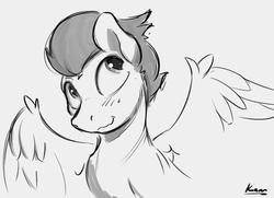 Size: 1774x1281 | Tagged: safe, artist:kam, rumble, pegasus, pony, g4, blushing, colt, gray background, grayscale, male, monochrome, simple background, solo, wings