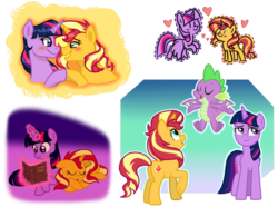 Size: 1024x799 | Tagged: safe, artist:doodledaydreamer, spike, sunset shimmer, twilight sparkle, alicorn, dragon, earth pony, pony, g4, blushing, book, female, floppy ears, glowing horn, heart, horn, lesbian, looking at each other, magic, male, mare, open mouth, raised hoof, reading, ship:sunsetsparkle, shipping, sketch, sketch dump, sleeping, snuggling, telekinesis, twilight sparkle (alicorn), winged spike, wings