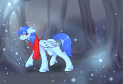 Size: 4133x2834 | Tagged: safe, artist:et-moons, derpibooru exclusive, oc, oc only, oc:peppermint candy, firefly (insect), pegasus, pony, clothes, forest, grass, high res, light, looking at you, male, scarf, solo, stallion, tree