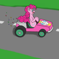 Size: 1000x1000 | Tagged: safe, artist:redquoz, pinkie pie, earth pony, pony, g4, confetti, crossover, driving, looking offscreen, mario kart, ponykart, racing, tongue out