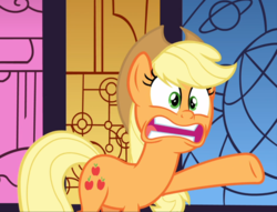Size: 1219x930 | Tagged: safe, screencap, applejack, earth pony, pony, between dark and dawn, g4, cropped, faic, female, mare, narrowed eyes, open mouth, raised hoof, solo, underhoof