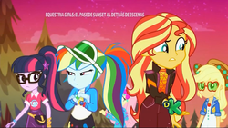 Size: 1280x720 | Tagged: safe, screencap, applejack, fluttershy, rainbow dash, sci-twi, sunset shimmer, twilight sparkle, equestria girls, equestria girls series, sunset's backstage pass!, spoiler:eqg series (season 2), applejack's hat, clothes, cowboy hat, female, geode of super speed, geode of telekinesis, glasses, hat, magical geodes, music festival outfit, ponytail, sky