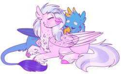 Size: 1290x791 | Tagged: safe, artist:wanderingpegasus, gallus, silverstream, classical hippogriff, griffon, hippogriff, g4, birds doing bird things, cheek fluff, chest fluff, cute, diastreamies, eyes closed, female, gallabetes, male, preening, ship:gallstream, shipping, smiling, straight, talons, wing fluff