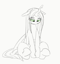 Size: 3826x4096 | Tagged: safe, artist:pabbley, queen chrysalis, changeling, changeling queen, g4, cute, cutealis, eye clipping through hair, female, floppy ears, looking down, monochrome, partial color, sad, sadorable, simple background, sitting, solo, white background