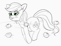 Size: 3319x2512 | Tagged: safe, artist:pabbley, applejack, earth pony, pony, g4, apple, bathing, ear fluff, female, floating, food, freckles, high res, mare, monochrome, partial color, relaxed, smiling, solo, that pony sure does love apples, tongue out, water