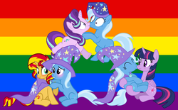 Size: 2000x1236 | Tagged: safe, artist:3d4d, starlight glimmer, sunset shimmer, trixie, twilight sparkle, alicorn, pony, g4, female, gay pride flag, lesbian, magical quartet, magical quintet, magical trio, pride, pride flag, ship:startrix, ship:suntrix, ship:twixie, shipping, twilight sparkle (alicorn)