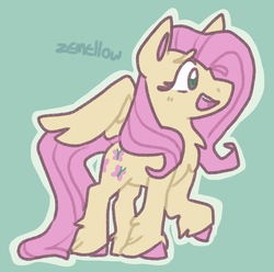 Size: 1713x1696 | Tagged: safe, artist:zemellow, fluttershy, pegasus, pony, g4, chest fluff, colored pupils, cute, female, green background, mare, open mouth, shyabetes, simple background, solo, unshorn fetlocks
