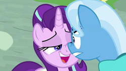 Size: 1280x720 | Tagged: safe, screencap, starlight glimmer, trixie, pony, unicorn, g4, student counsel, angry, boop, cute, duo, female, glare, lidded eyes, nervous, noseboop, ponyville, saddle bag, unamused
