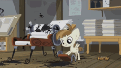 Size: 600x337 | Tagged: safe, edit, screencap, featherweight, pony, g4, slice of life (episode), animated, discovery family, discovery family logo, fail, ink, male, printing press, solo