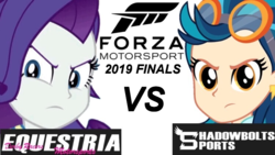 Size: 750x422 | Tagged: safe, indigo zap, rarity, fanfic:equestria motorsports, fanfic:shadowbolts racing, equestria girls, g4, forza motorsport, simple background, thumbnail, youtube, youtube link, youtube link in the description