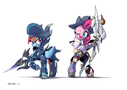 Size: 2000x1414 | Tagged: safe, artist:satv12, pinkie pie, rainbow dash, earth pony, pegasus, pony, g4, armor, bard, bow (weapon), dragoon, fantasy class, female, final fantasy, final fantasy xiv, hat, kain highwind, lance, mare, one eye closed, signature, simple background, weapon, white background, wink