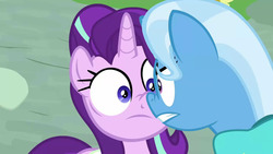 Size: 1280x720 | Tagged: safe, screencap, starlight glimmer, trixie, pony, unicorn, g4, student counsel, angry, boop, cute, duo, female, glare, nervous, noseboop, ponyville, saddle bag, unamused