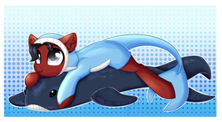 Size: 1800x990 | Tagged: safe, artist:cloud-fly, oc, oc only, pony, whale, female, mare, plushie, prone, shark costume, solo