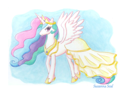 Size: 900x667 | Tagged: safe, artist:cherubfish, princess celestia, alicorn, pony, g4, abstract background, clothes, dress, female, jewelry, looking at you, mare, regalia, smiling, solo, spread wings, traditional art, wedding dress, wings