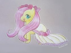 Size: 600x450 | Tagged: safe, artist:cherubfish, fluttershy, butterfly, pony, g4, chibi, clothes, dress, female, floral head wreath, flower, gray background, looking at you, mare, open mouth, sidemouth, simple background, smiling, solo, traditional art, wedding dress