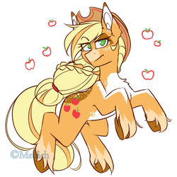 Size: 1400x1400 | Tagged: safe, artist:mediasmile666, edit, part of a set, applejack, earth pony, pony, g4, apple, coat markings, cropped, cutie mark, eye clipping through hair, female, food, lidded eyes, looking at you, mare, rearing, redesign, sidemouth, simple background, solo, unshorn fetlocks, white background