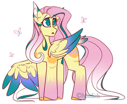 Size: 1650x1351 | Tagged: safe, artist:mediasmile666, edit, part of a set, fluttershy, butterfly, pegasus, pony, g4, coat markings, cropped, cutie mark, female, mare, one wing out, open mouth, rainbow power, redesign, sidemouth, simple background, socks (coat markings), solo, white background