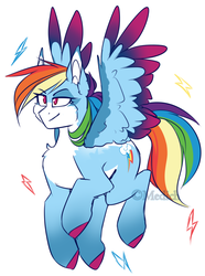 Size: 1300x1750 | Tagged: safe, artist:mediasmile666, edit, part of a set, rainbow dash, pegasus, pony, cheek fluff, chest fluff, coat markings, colored hooves, colored wings, colored wingtips, cropped, cutie mark, female, flying, lidded eyes, lightning, mare, redesign, sidemouth, simple background, smiling, smirk, solo, spread wings, white background, wings